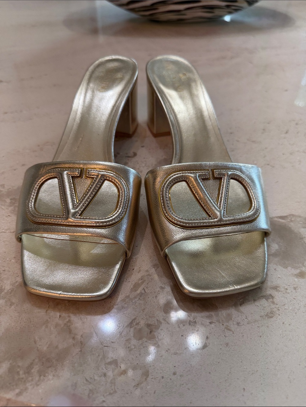 Valentino Garavani Metallic Gold V-Logo Slide Mules